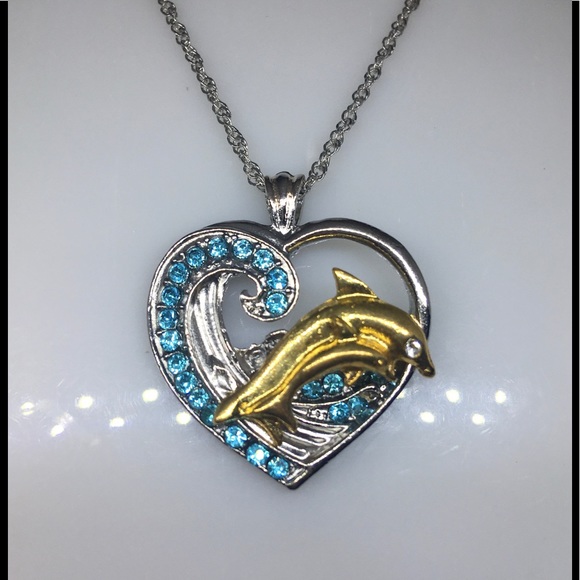 Unique Gold Dolphin Jumping Thru A Wave In Side Of A ❤️ Pendant Silver  Necklace - Picture 3 of 4